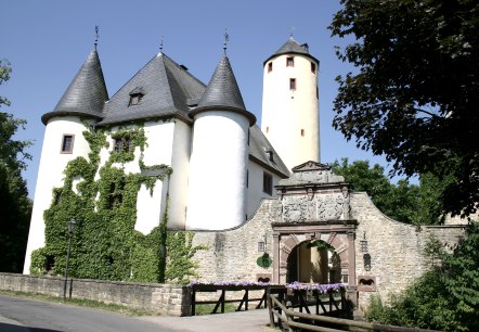 Burg Rittersdorf mit zwei runden Türmen und einem hohen, gelben Turm. Ein Torbogen mit Verzierungen führt in die Burg. Efeu wächst an den Wänden., © Frank Schaal Burg Rittersdorf mit zwei runden Türmen und einem hohen, gelben Turm. Ein Torbogen mit Verzierungen führt in die Burg. Efeu wächst an den Wänden., © Frank Schaal