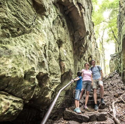 Hinunter in die Teufelsschlucht auf der Teuflischen Acht, © Felsenland Südeifel Tourismus GmbH Hinunter in die Teufelsschlucht auf der Teuflischen Acht, © Felsenland Südeifel Tourismus GmbH