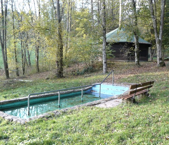Grillhütte im Wald mit einem Tretbecken im Vordergrund. Herbstliche Bäume umgeben die Szene, eine Bank steht am Beckenrand., © Felsenland Südeifel Tourismus GmbH, Christian Calonec-Rauchfuss Grillhütte im Wald mit einem Tretbecken im Vordergrund. Herbstliche Bäume umgeben die Szene, eine Bank steht am Beckenrand., © Felsenland Südeifel Tourismus GmbH, Christian Calonec-Rauchfuss