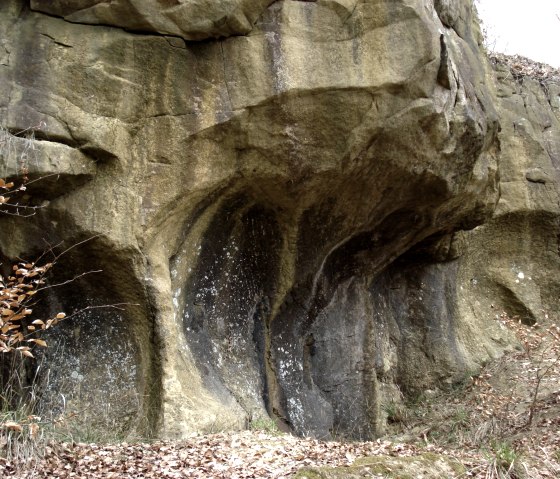 Rock formation with eroded structures in the historic millstone quarries on the Ferschweiler Plateau, surrounded by foliage and vegetation., © Felsenland Südeifel Tourismus GmbH Rock formation with eroded structures in the historic millstone quarries on the Ferschweiler Plateau, surrounded by foliage and vegetation., © Felsenland Südeifel Tourismus GmbH