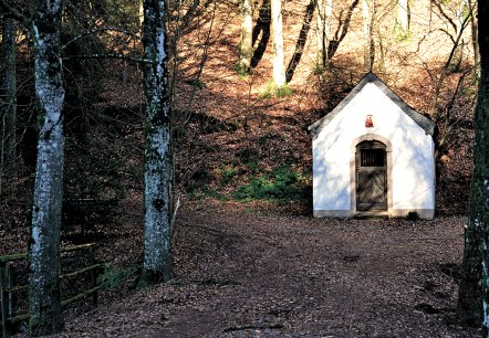 Weiße Kapelle im Wald, umgeben von Bäumen und Herbstlaub. Der Eingang ist aus Holz, die Umgebung wirkt ruhig und abgeschieden., © TI Bitburger Land Weiße Kapelle im Wald, umgeben von Bäumen und Herbstlaub. Der Eingang ist aus Holz, die Umgebung wirkt ruhig und abgeschieden., © TI Bitburger Land