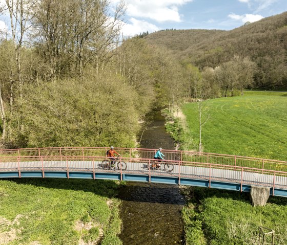 Zwei Radfahrer überqueren eine Brücke über die Enz, umgeben von grünen Wiesen und bewaldeten Hügeln unter blauem Himmel., © Eifel Tourismus GmbH, Dominik Ketz Zwei Radfahrer überqueren eine Brücke über die Enz, umgeben von grünen Wiesen und bewaldeten Hügeln unter blauem Himmel., © Eifel Tourismus GmbH, Dominik Ketz