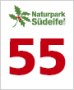 Logo des Naturparks Südeifel mit einer roten Zahl 55 und einem grünen Blatt mit roten Beeren. Logo des Naturparks Südeifel mit einer roten Zahl 55 und einem grünen Blatt mit roten Beeren.