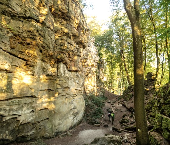Zwei Wanderer gehen durch die Teufelsschlucht, flankiert von hohen Felswänden und umgeben von dichtem Wald im Sonnenlicht., © Eifel Tourismus GmbH, Dominik Ketz Zwei Wanderer gehen durch die Teufelsschlucht, flankiert von hohen Felswänden und umgeben von dichtem Wald im Sonnenlicht., © Eifel Tourismus GmbH, Dominik Ketz