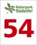 Logo des Naturparks Südeifel mit grünen Blättern und roten Beeren, darunter die große rote Zahl 54 auf weißem Hintergrund. Logo des Naturparks Südeifel mit grünen Blättern und roten Beeren, darunter die große rote Zahl 54 auf weißem Hintergrund.