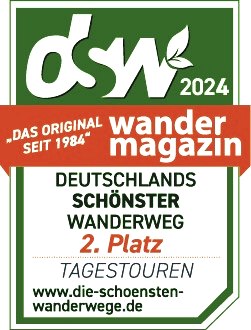 Logo des Wandermagazins 2024 für Deutschlands schönster Wanderweg, 2. Platz in der Kategorie Tagestouren., © Wandermagazin/Outdoor-Welten Logo des Wandermagazins 2024 für Deutschlands schönster Wanderweg, 2. Platz in der Kategorie Tagestouren., © Wandermagazin/Outdoor-Welten