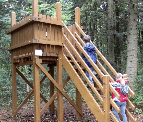 Two children climb up a wooden platform in the forest. The surrounding area is densely wooded., © Tourist-Information Bitburger Land Two children climb up a wooden platform in the forest. The surrounding area is densely wooded., © Tourist-Information Bitburger Land