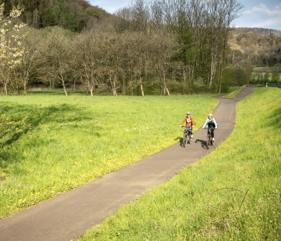 Zwei Radfahrer fahren auf einem asphaltierten Weg durch eine grüne Wiese, umgeben von blühenden Bäumen und Wald im Hintergrund., © Eifel Tourismus GmbH, Dominik Ketz Zwei Radfahrer fahren auf einem asphaltierten Weg durch eine grüne Wiese, umgeben von blühenden Bäumen und Wald im Hintergrund., © Eifel Tourismus GmbH, Dominik Ketz
