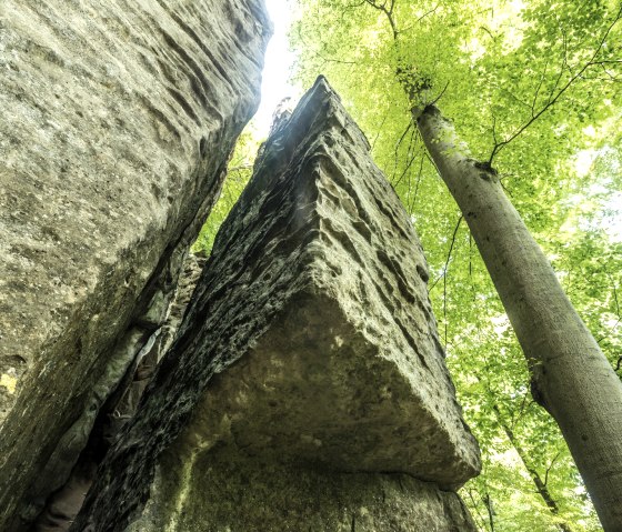 Hohe Felsen ragen in den Himmel, umgeben von grünen Bäumen. Sonnenlicht fällt durch das Blätterdach. Hohe Felsen ragen in den Himmel, umgeben von grünen Bäumen. Sonnenlicht fällt durch das Blätterdach.