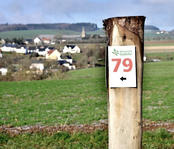 A wooden post with a sign for route no. 79 of the Southern Eifel Nature Park, in the background a rural landscape with houses and fields., © TI Bitburger Land A wooden post with a sign for route no. 79 of the Southern Eifel Nature Park, in the background a rural landscape with houses and fields., © TI Bitburger Land