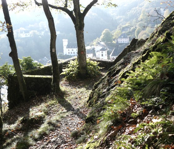 Ein Waldweg führt durch Bäume und Farn, mit Blick auf Gebäude in Neuerburg. Die Szene ist von Sonnenlicht durchflutet., © Christian Calonec-Rauchfuss, Felsenland Südeifel Tourismus GmbH Ein Waldweg führt durch Bäume und Farn, mit Blick auf Gebäude in Neuerburg. Die Szene ist von Sonnenlicht durchflutet., © Christian Calonec-Rauchfuss, Felsenland Südeifel Tourismus GmbH