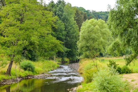 A small river flows through a green, wooded landscape.