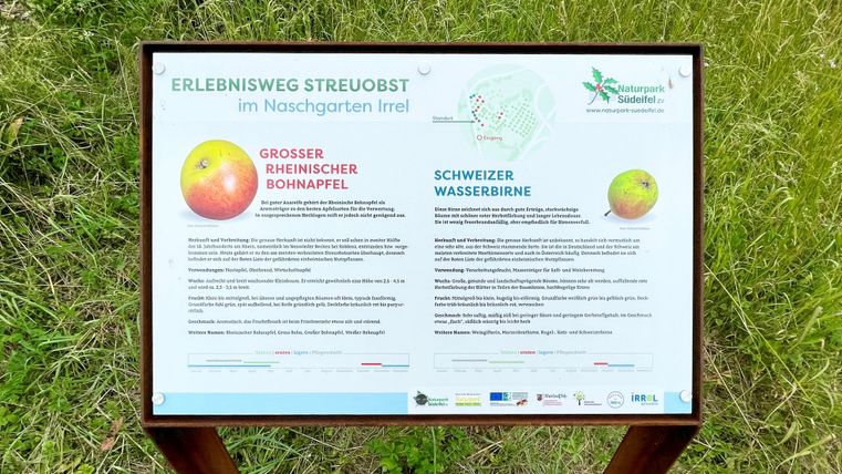 Info-Tafel über Obstsorten im Naschgarten