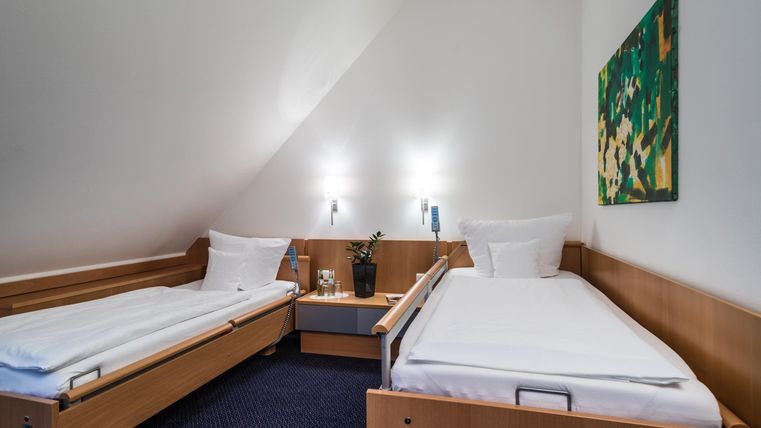 Een eenvoudige kamer met twee eenpersoonsbedden en moderne meubels. Aan de muur hangt een kleurrijk schilderij, en er staat een kleine plant op het nachtkastje.