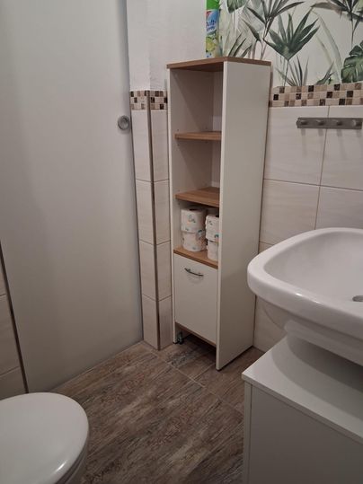 Une salle de bain moderne avec un lavabo, une étagère étroite et des toilettes. Les murs sont carrelés en clair, et il y a des motifs de plantes décoratives.