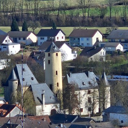 Een historische kasteel omgeven door woonhuizen. Het landschap is groen en idylisch.