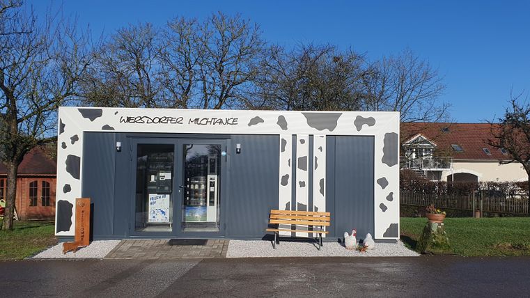 A small house with an exterior black-and-white cow spot pattern. It stands on a meadow and has a brown roof.