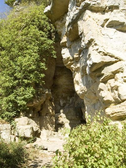 Une formation rocheuse naturelle avec une végétation luxuriante et de l'ombre. L'entrée d'une grotte est visible.