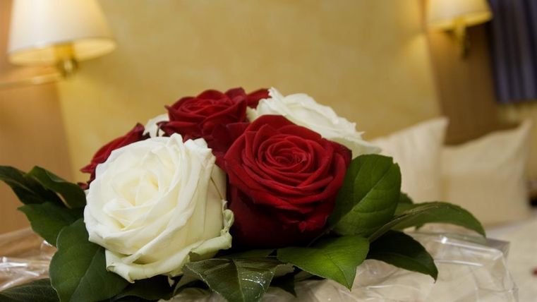Un bouquet de roses rouges et blanches avec des feuilles vertes. En arrière-plan, on voit des couleurs douces et claires ainsi qu'un éclairage doux.
