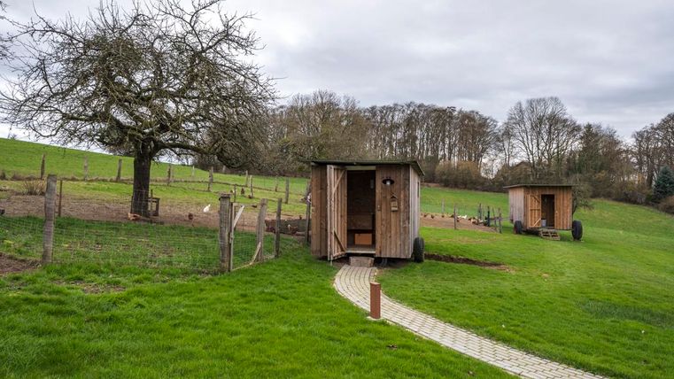 Zwei kleine Holzunterkünfte stehen auf einer grünen Wiese. Im Hintergrund sind Bäume und ein eingezäuntes Gebiet zu sehen.