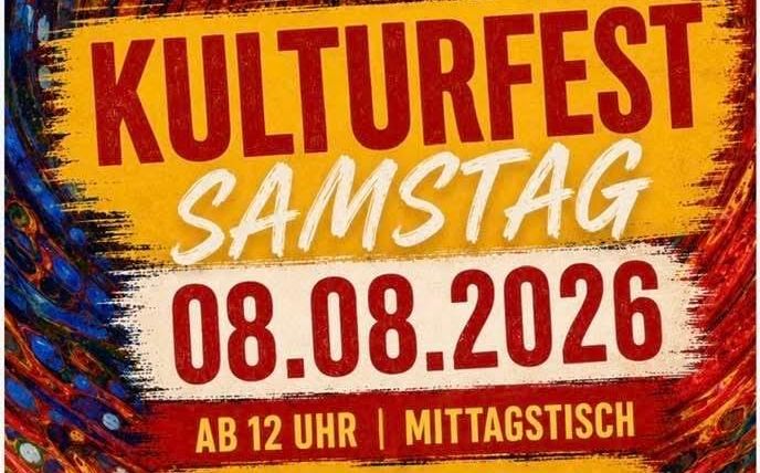 Ein farbenfrohes Plakat für ein Kulturfest mit verschiedenen Veranstaltungen. Die Daten und Aktivitäten sind klar aufgeführt, darunter Rockmusik und ein Mittagstisch.