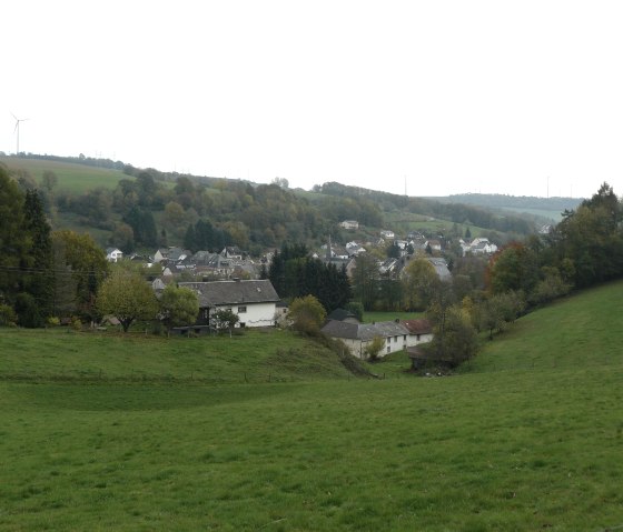 Grüne Wiesen und Bäume umgeben das Dorf Mettendorf. Im Hintergrund sind Windräder auf den Hügeln zu sehen., © Felsenland Südeifel Tourismus GmbH, Christian Calonec-Rauchfuss