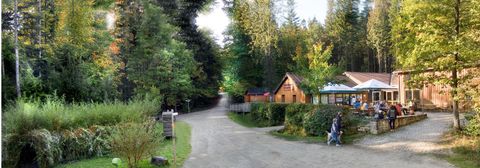 Ein ruhiger Waldweg mit einem gemütlichen Gasthaus und umgeben von grünen Bäumen. Einige Gäste sitzen draußen und genießen die Natur.