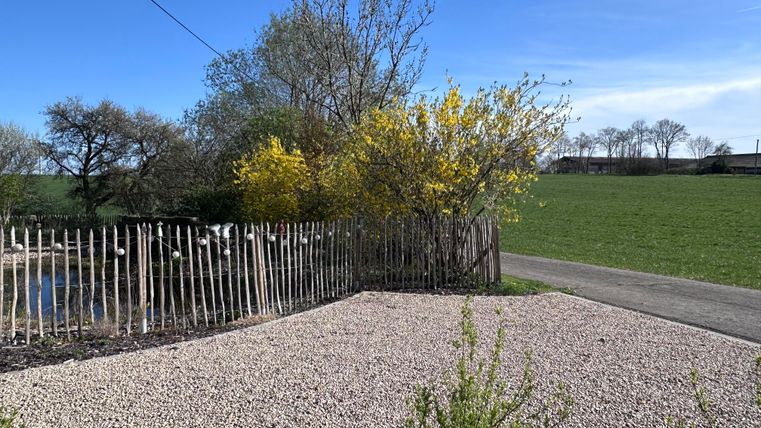 Ein ruhiger Garten mit einem Kiesweg und einer Holzlattenzaun. Im Hintergrund sieht man eine Wiese und blühende Bäume.
