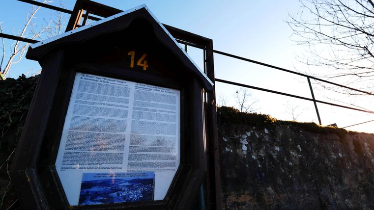 Ein Informationstafel steht an einem Hang. Im Hintergrund ist ein klarer Himmel und einige kahle Äste sichtbar.