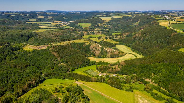 Luftaufnahme der grünen, hügeligen Landschaft der Brommert-Höhen in der Eifel.