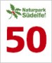 Logo des Naturparks Südeifel mit einem grünen Blatt und der Zahl 50 in Rot darunter.