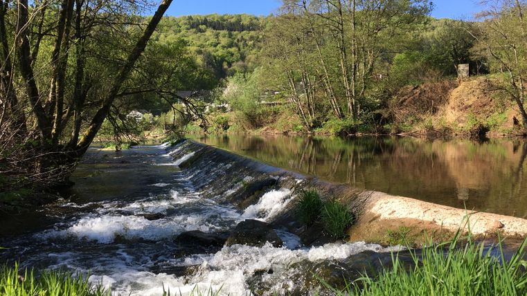 Ein kleiner Wasserfall fließt in einen ruhigen Fluss, umgeben von grünem Gras und Bäumen. Im Hintergrund sind sanfte Hügel und blauer Himmel zu sehen.