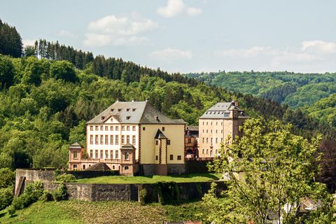Un château impressionnant sur une colline, entouré de forêts verdoyantes. L'architecture est historique et bien conservée.