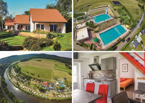 Eine gemütliche Ferienwohnung umgeben von Natur. Oben rechts ist ein Schwimmbad mit Sitzgelegenheiten und unten links eine malerische Landschaft mit Campingplatz am Fluss.