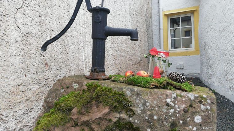 Eine altmodische Wasserpumpe steht auf einem moosbedeckten Stein. Daneben liegen einige Äpfel und eine Tannenzapfen.