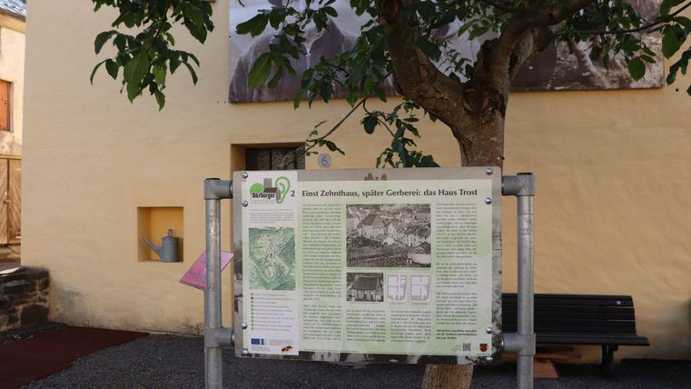 Een informatiebord voor een muur met een boom ernaast. Het bord bevat tekst en afbeeldingen over een bepaald onderwerp.