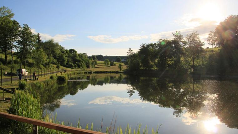Un lac tranquille entouré d'arbres et de prairie. Le soleil se reflète sur l'eau, créant une atmosphère relaxante.