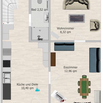 A floor plan drawing of an apartment with various rooms. The bathroom, living room, dining room, as well as the kitchen and hallway are visible, each with their size specifications.