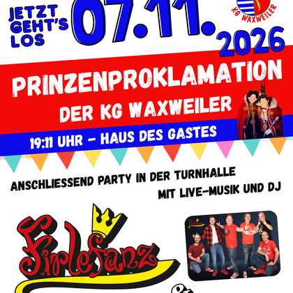 Ein farbenfrohes Plakat für die Prinzenproklamation am 21.11.2025. Es gibt eine Party in der Turnhalle mit Live-Musik und DJ, Eintritt 8 Euro.
