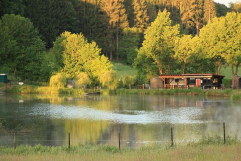 Un lac paisible entouré d'arbres verts et de collines douces. En arrière-plan, une maison en bois est visible.