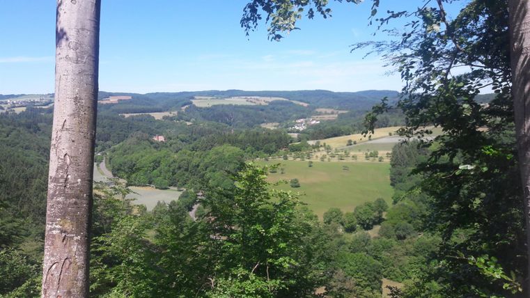 A picturesque view of green hills and meadows. In the background, there are wooded mountains and a clear blue sky.