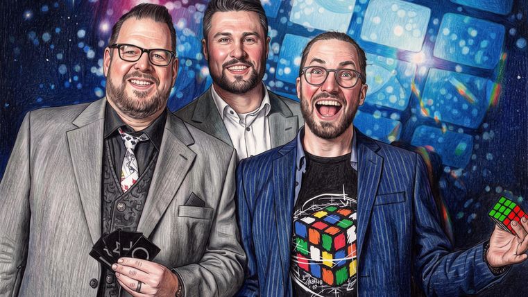 Drei Männer stehen zusammen und lächeln. Sie tragen Anzüge und halten Requisiten wie Karten und einen Rubik's Cube in der Hand.