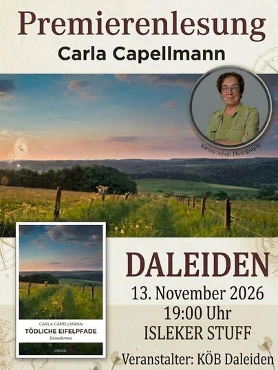 Eine Ankündigung für eine Lesung mit Carla Capellmann. Das Ereignis findet am 13. November 2026 in Daleiden statt.