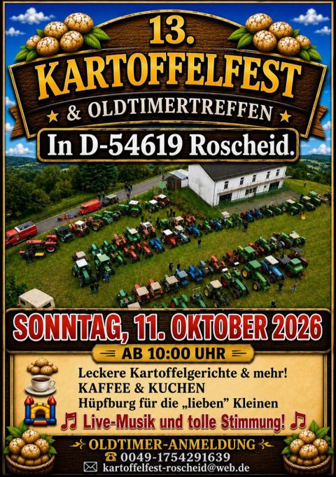 Ein Plakat für das 13. Kartoffelfest und Oldtimertreffen in Roscheid. Das Event bietet leckere Kartoffelgerichte, Musik und Aktivitäten für Kinder.