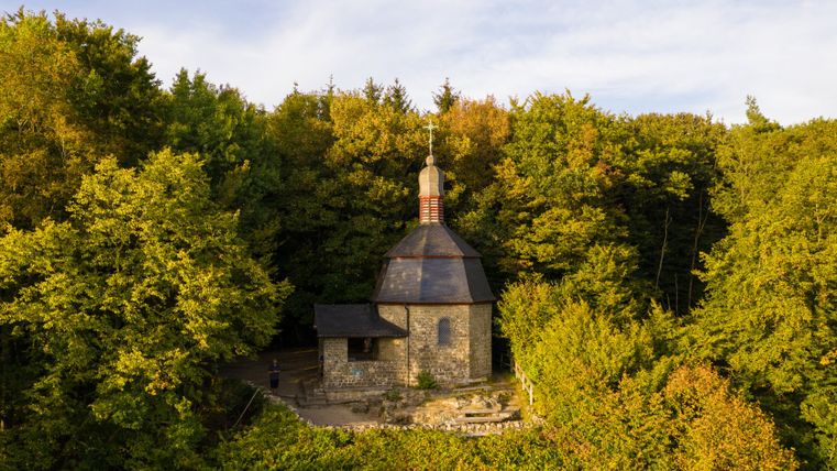 Luftaufnahme der Liboriuskapelle umgeben von Bäumen.