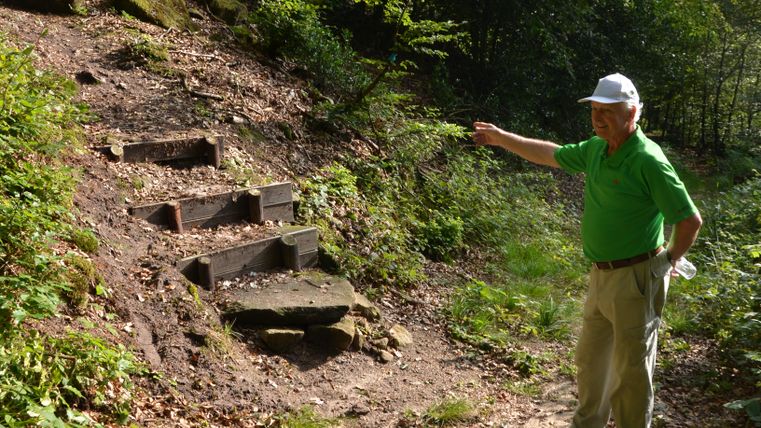 Ein Mann in grüner Kleidung zeigt auf einen Waldweg mit Holzstufen.