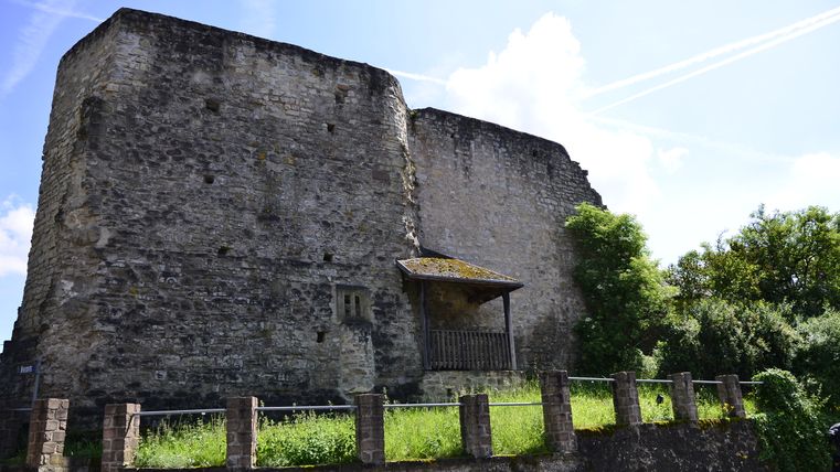 Ruins of Bettingen Castle with old stone walls and surrounding vegetation.