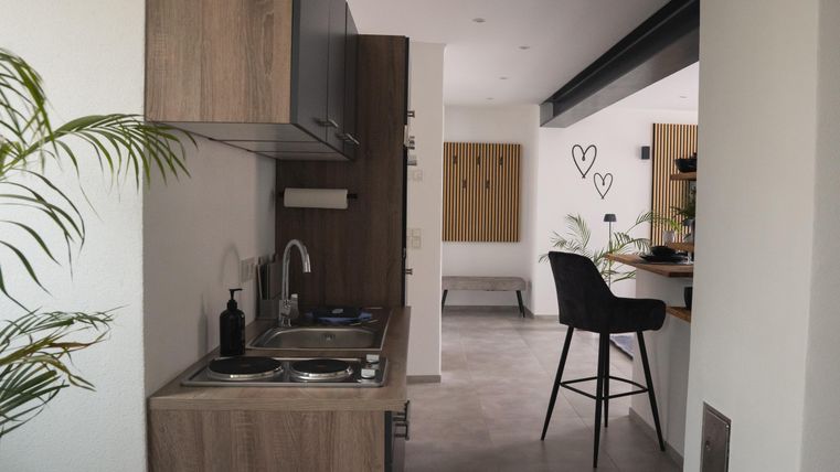 A modern kitchen with wooden furniture and a small cooking area. The room is bright and has a modern decor, featuring plants and a cozy sitting area.