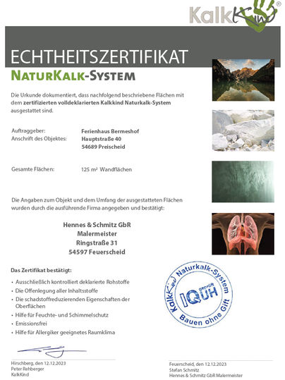 A certificate of authenticity for the natural lime system. The document contains information about the certified areas and the involved company.