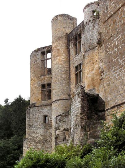 Une vieille château en pierre, partiellement en ruine, avec des tours et des fenêtres. Les environs sont verts et boisés.